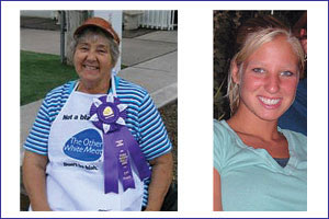 Eleanor Radoslovich, grandma to UI pre-vet student Kelsey Quinn, right, wears ribbon won for a cooking contest at a local (Cashmere, Wash.) fair.